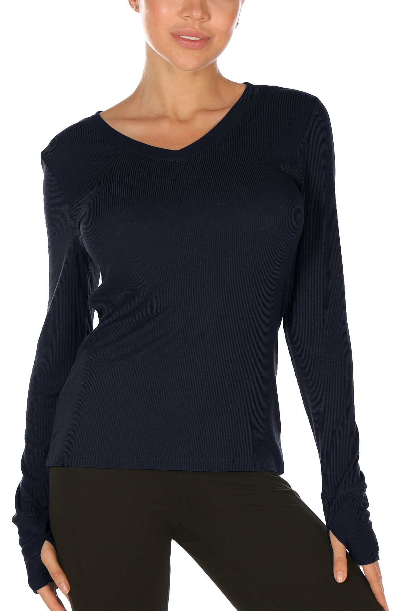 icyzone Long Sleeve Knit Tops for Women V Neck Undershirts Casual T Shirts with Thumb Holes