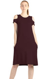 icyzone Casual Summer Dress for Women - Cold Shoulder T-Shirt Midi Dresses with Pockets