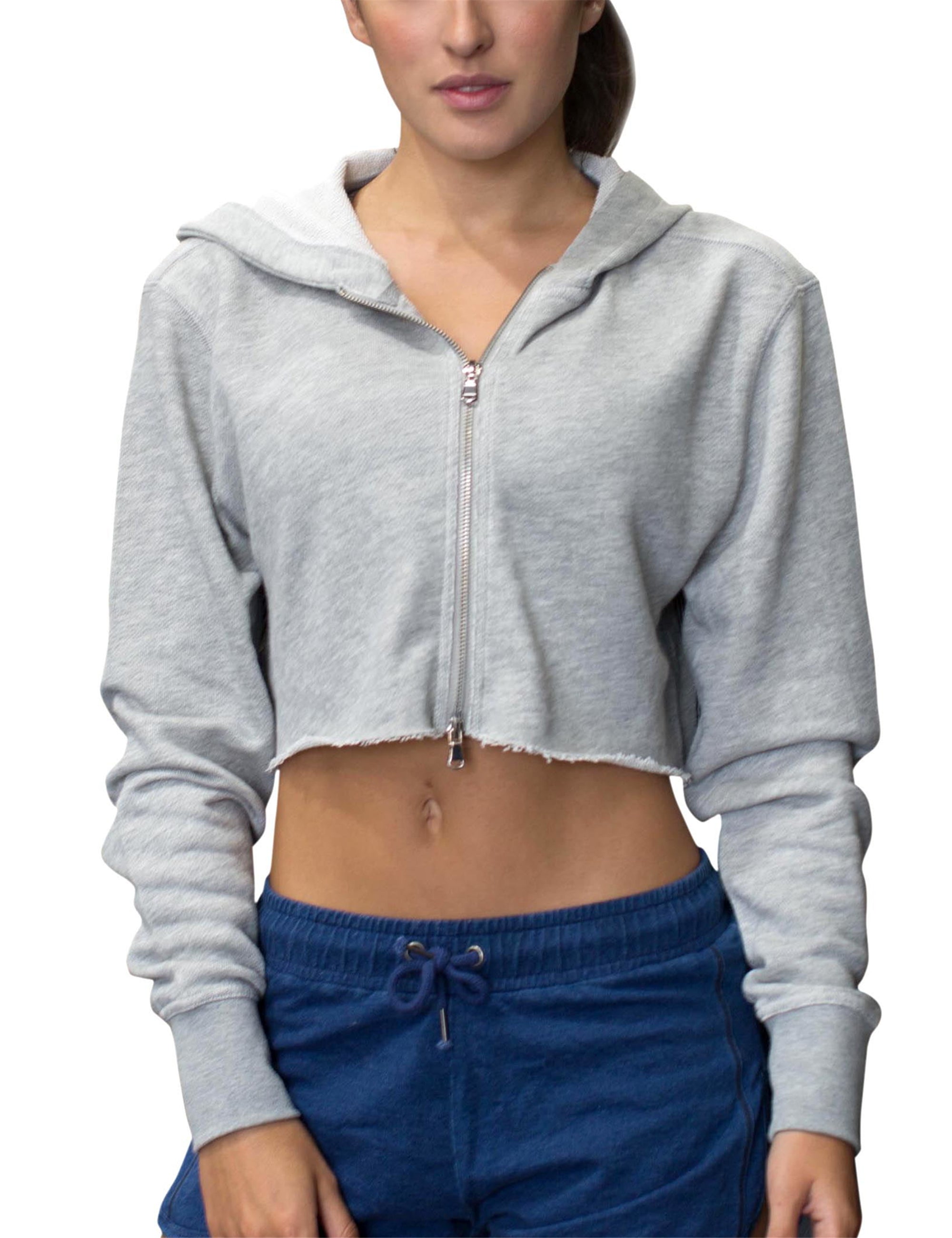 icyzone Long Sleeve Crop Top Zip Up Hoodie Workout Clothes